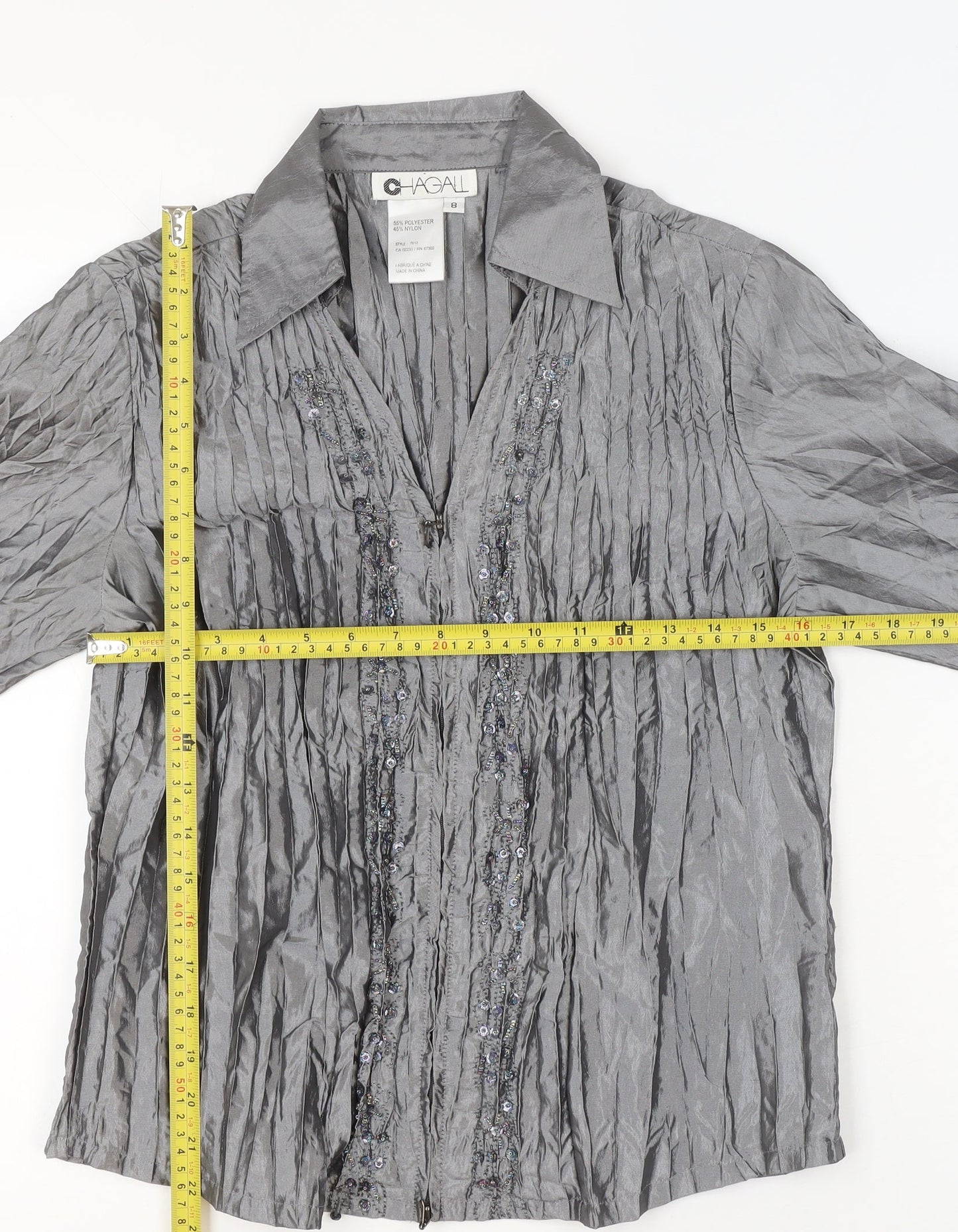 Chagall Women's Silver Beaded Long Sleeve Formal Blouse Size 8