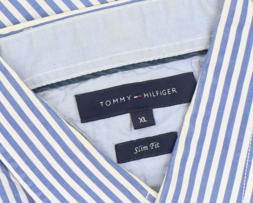 Tommy Hilfiger Men's Blue Striped Slim Fit Long Sleeve Shirt XL