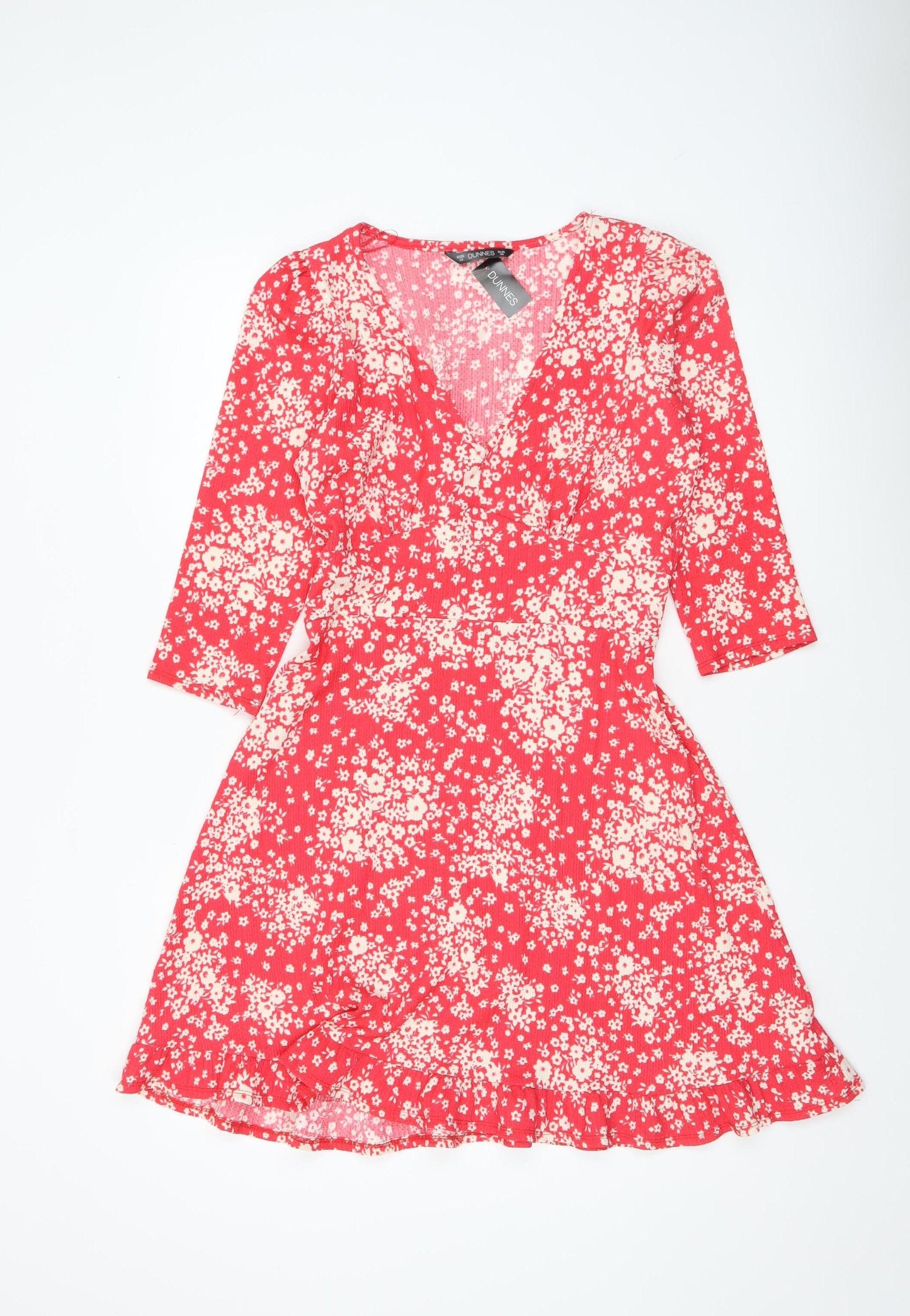 Dunnes Women Red Floral Wrap Dress Size 10 Short Ruched Ruffle Hem