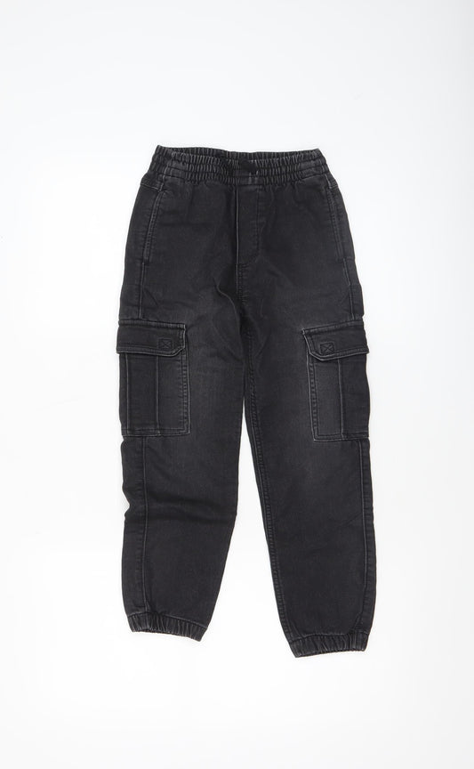 Dunnes Stores Boys Black Denim Cargo Jeans 6-7 Years Elastic Waist Tapered Fit