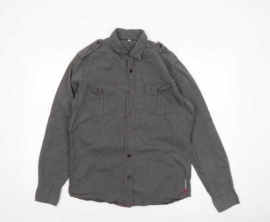 Duck and Cover Men's Grey Striped Long Sleeve Button-Up Shirt M