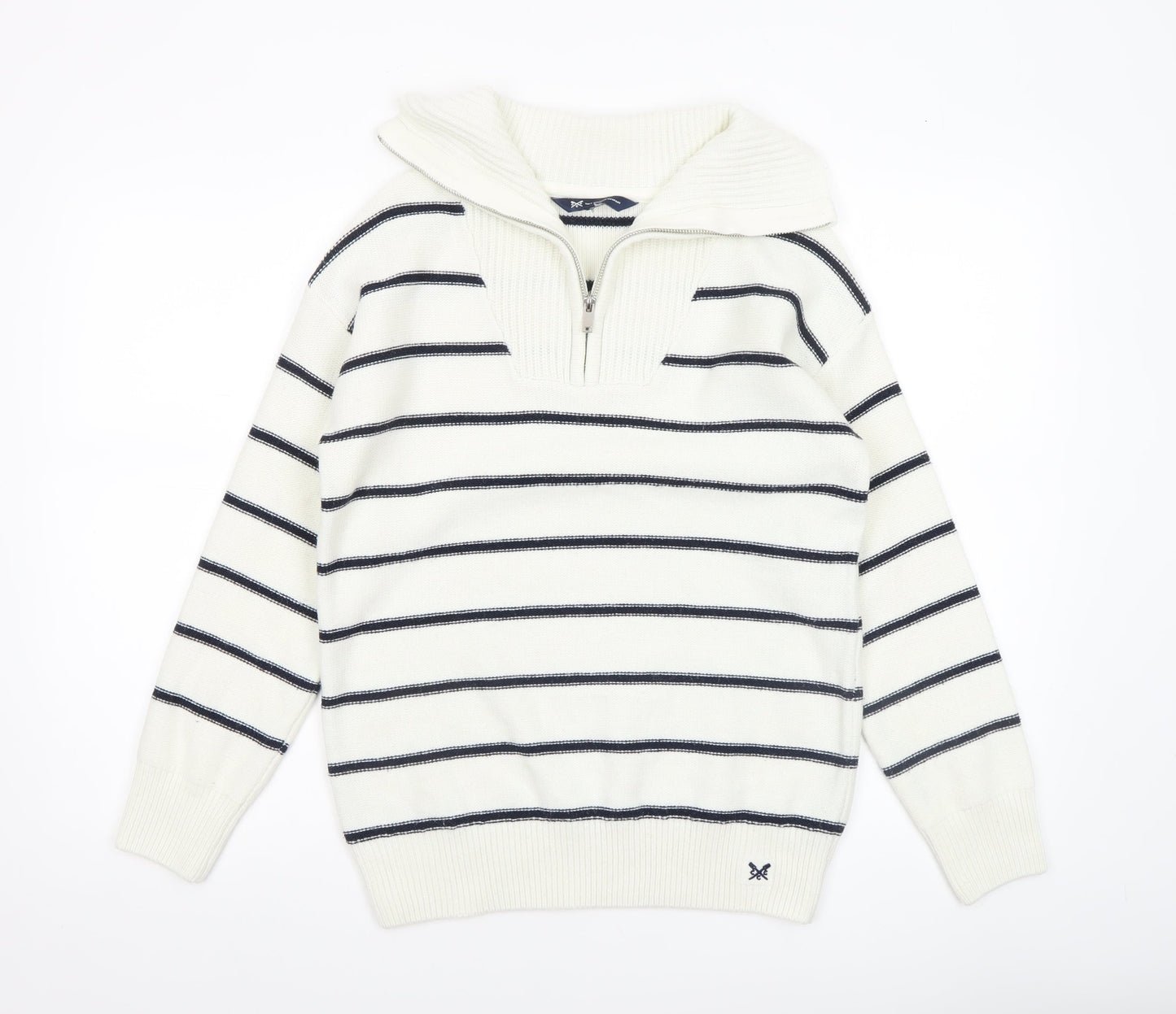 Crew Clothing Women’s White Striped Half Zip Jumper Size 10 Wool Blend