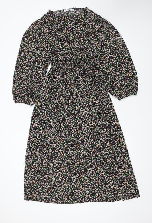 ONLY Women's Black Floral Midi A-Line Dress M Puff Sleeve