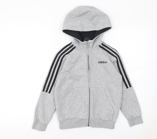Adidas Boys Grey Full Zip Hoodie 7-8 Years Regular Fit Hooded Sweatshirt