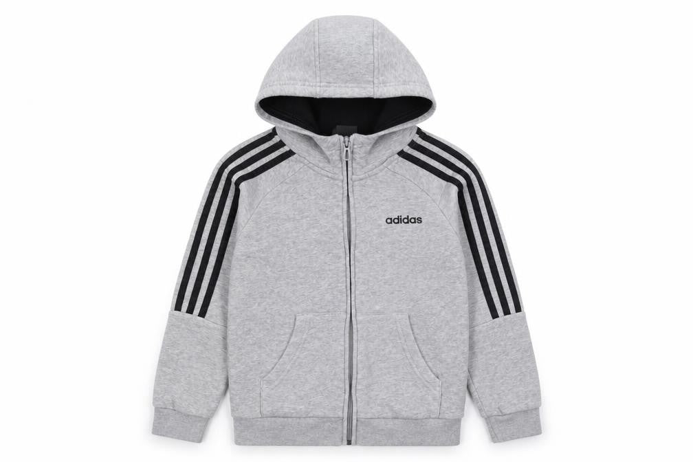 Front view of Adidas boys’ grey full zip hoodie 7-8 years regular fit hooded sweatshirt