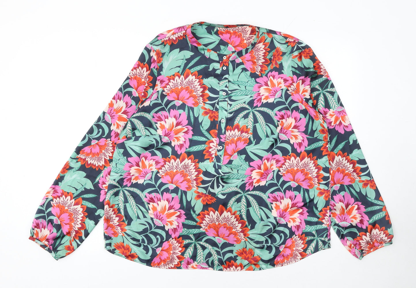 Gallery Womens Navy Floral Long Sleeve Blouse Size 16 Polyester