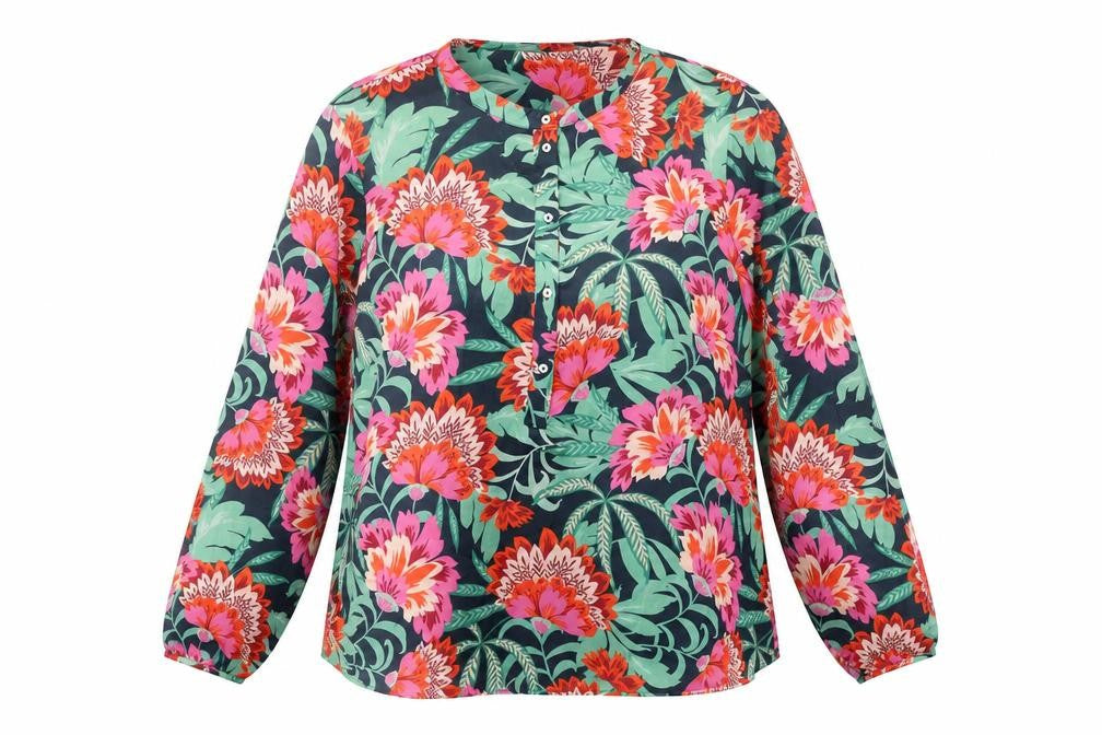 Gallery Womens Navy Floral Long Sleeve Blouse Size 16 Polyester