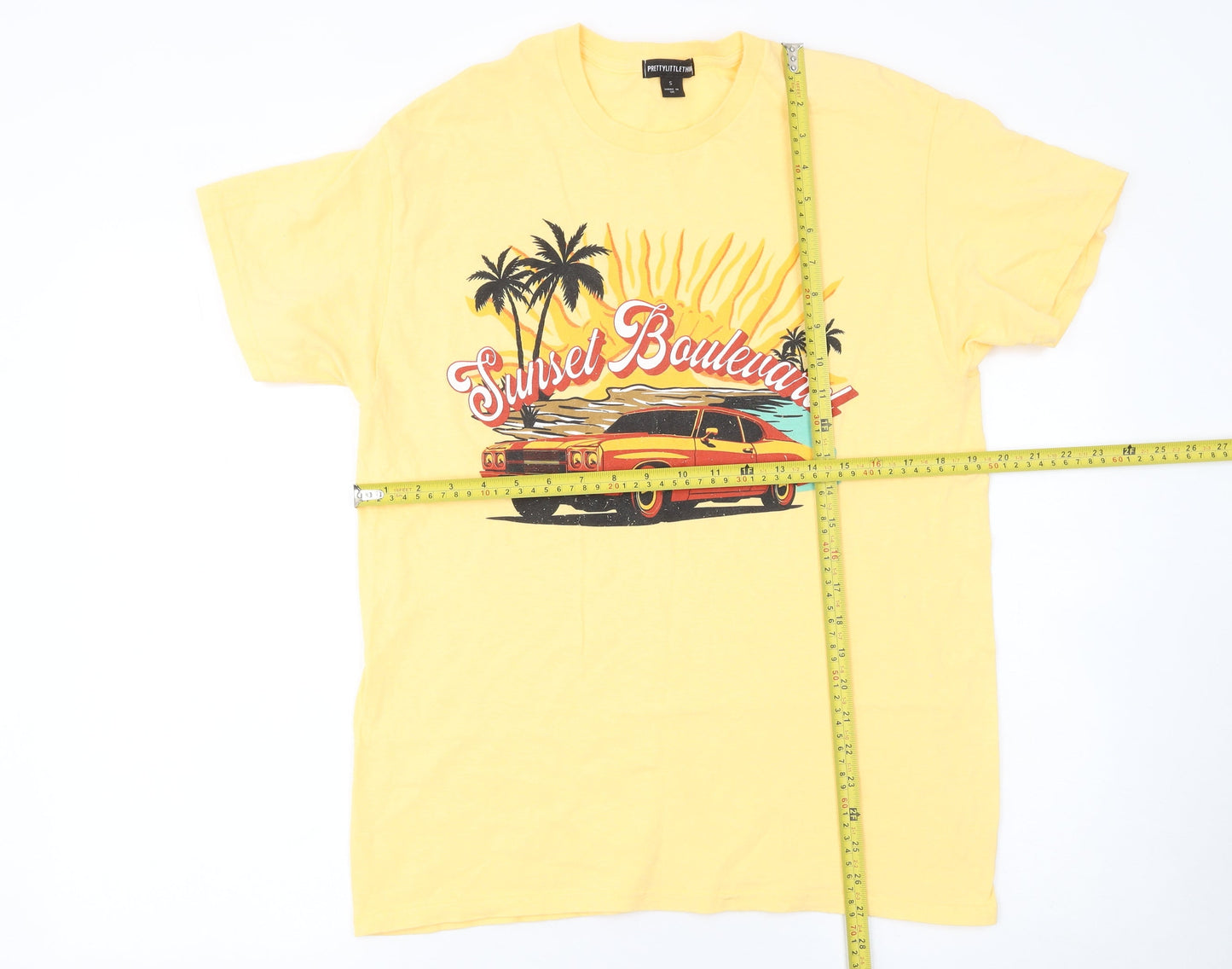 PrettyLittleThing Women's Yellow Sunset Boulevard Graphic T-Shirt Size S