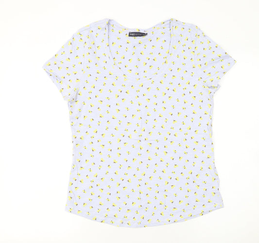 Marks and Spencer Women's Blue Floral Cotton V-Neck T-Shirt Size 12
