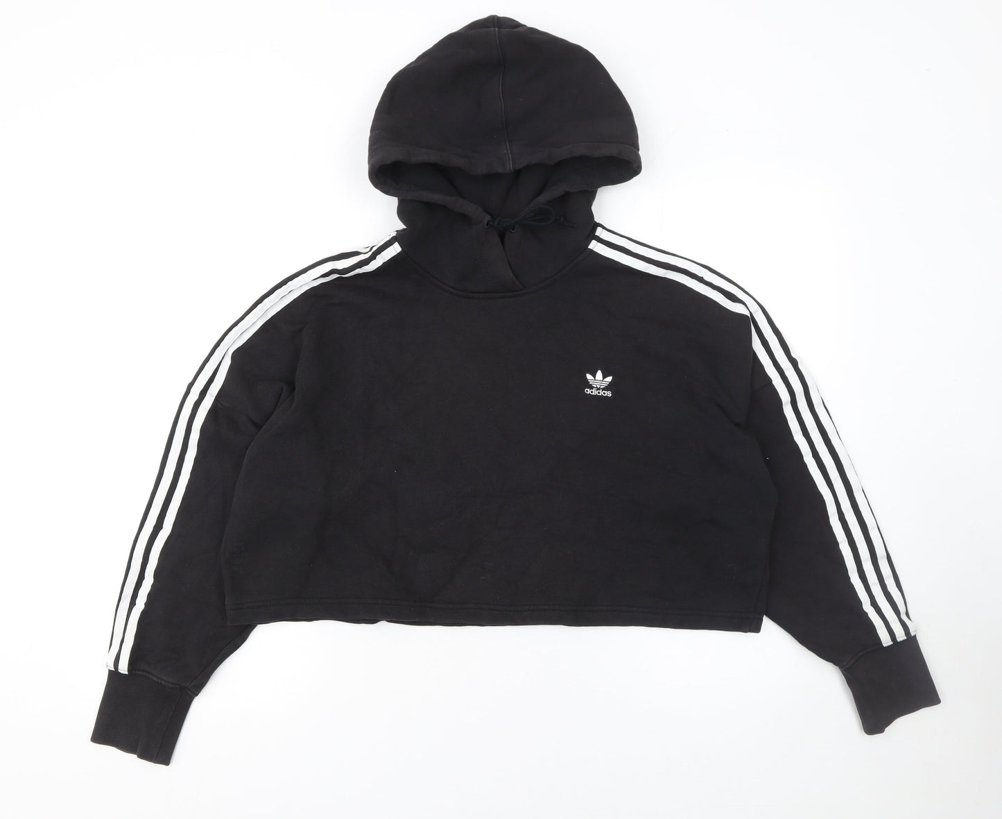 Adidas Womens Black Cropped Hoodie Size 8 Cotton 3-Stripes Logo