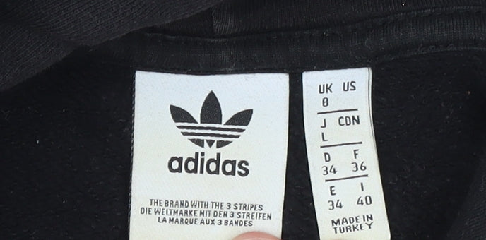 Adidas Womens Black Cropped Hoodie Size 8 Cotton 3-Stripes Logo