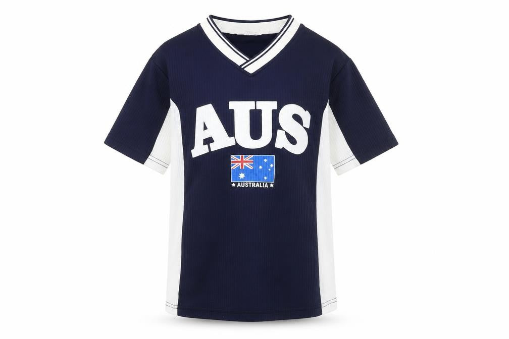 Front view of Australia Roo boys’ blue white v-neck jersey activewear t-shirt, size 10, years
