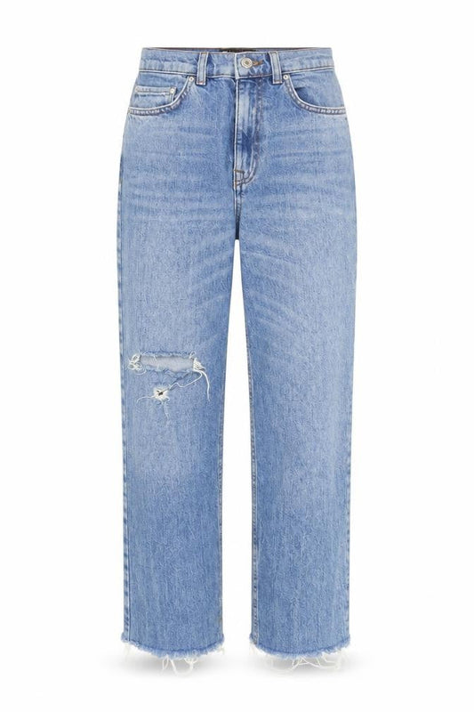 Front view of ASOS Women’s Blue Distressed High Rise Straight Jeans, size UK 8