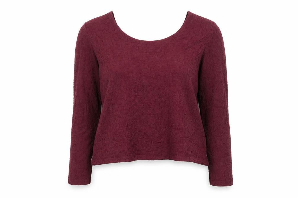 Front view of Gallery women’s burgundy long sleeve scoop neck stretch blouse, size L