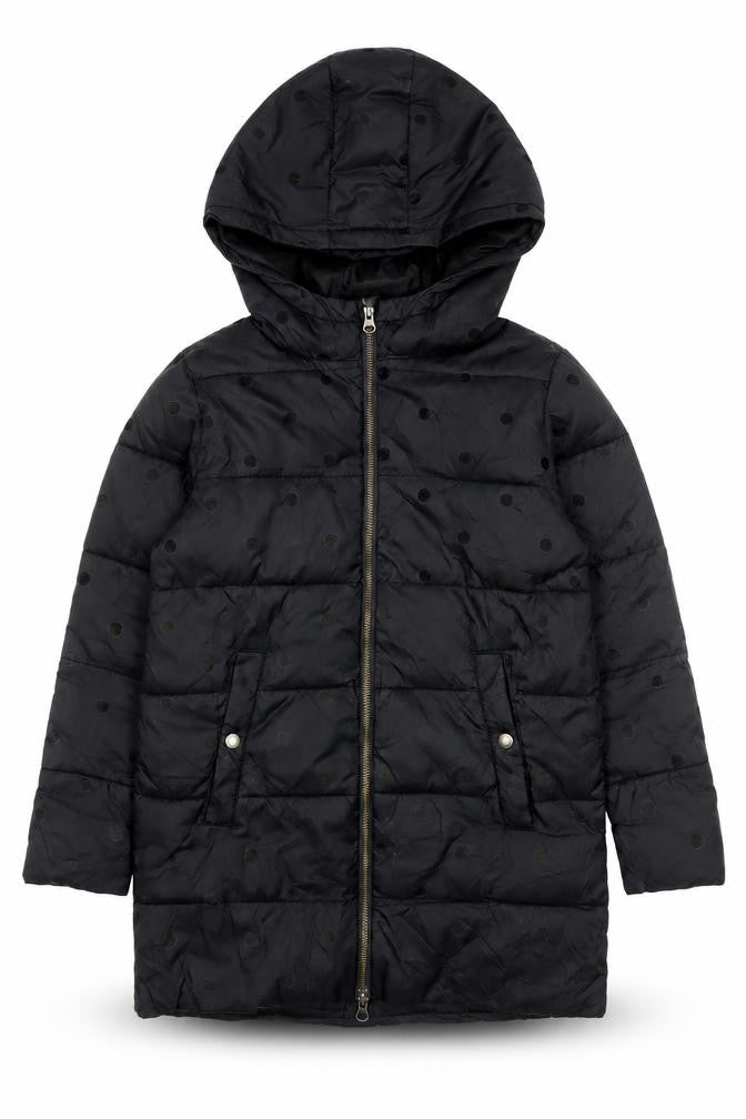 Front view of Country Road girls’ black polka dot quilted puffer coat hooded 10-11 years