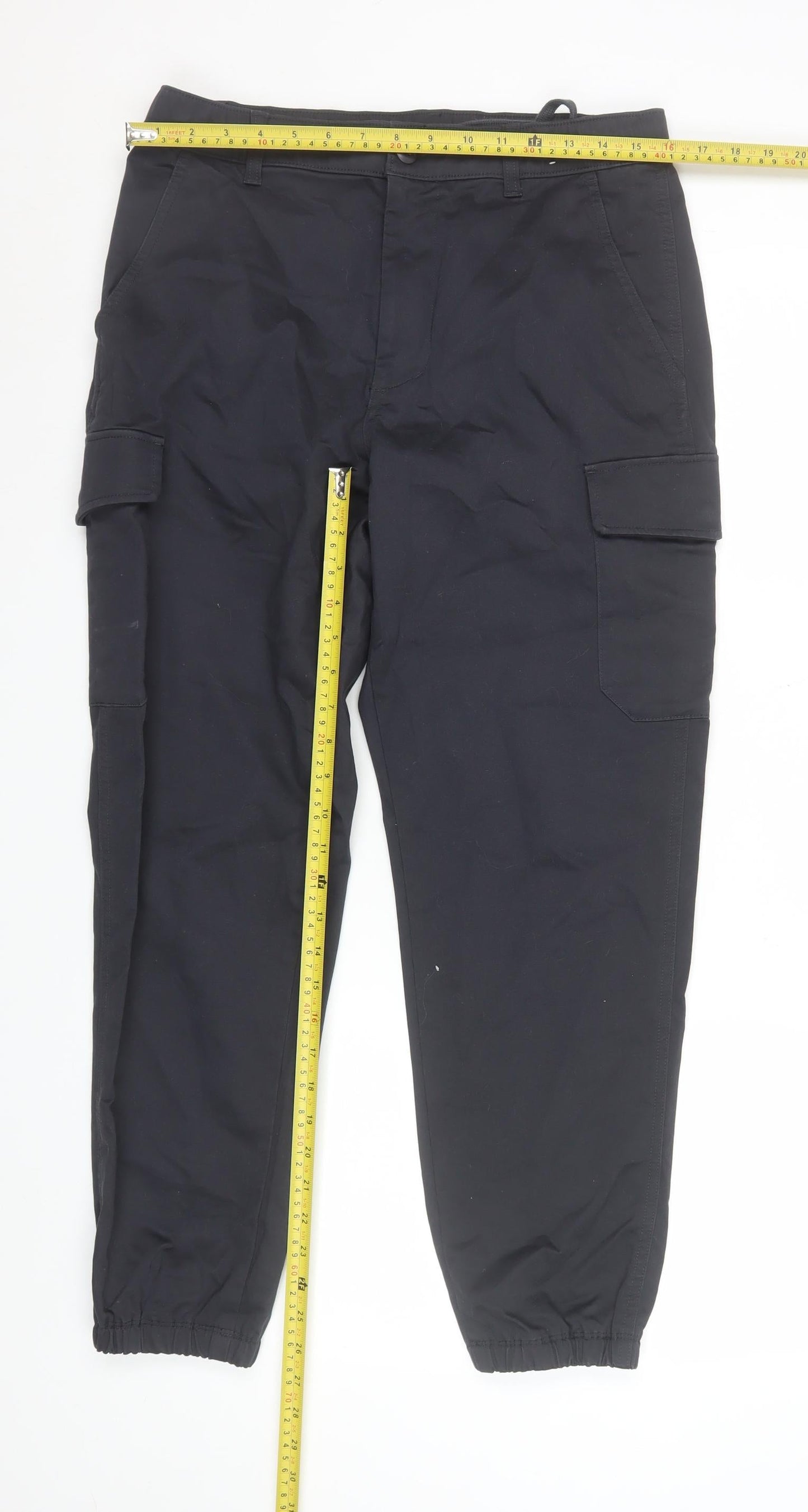 UNIQLO Men's Black Cargo Trousers M Regular Fit Stretch Waist