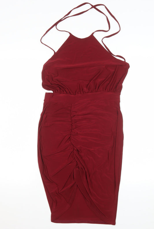 Edge Women's Red Halter Bodycon Ruched Stretch Dress Size 12
