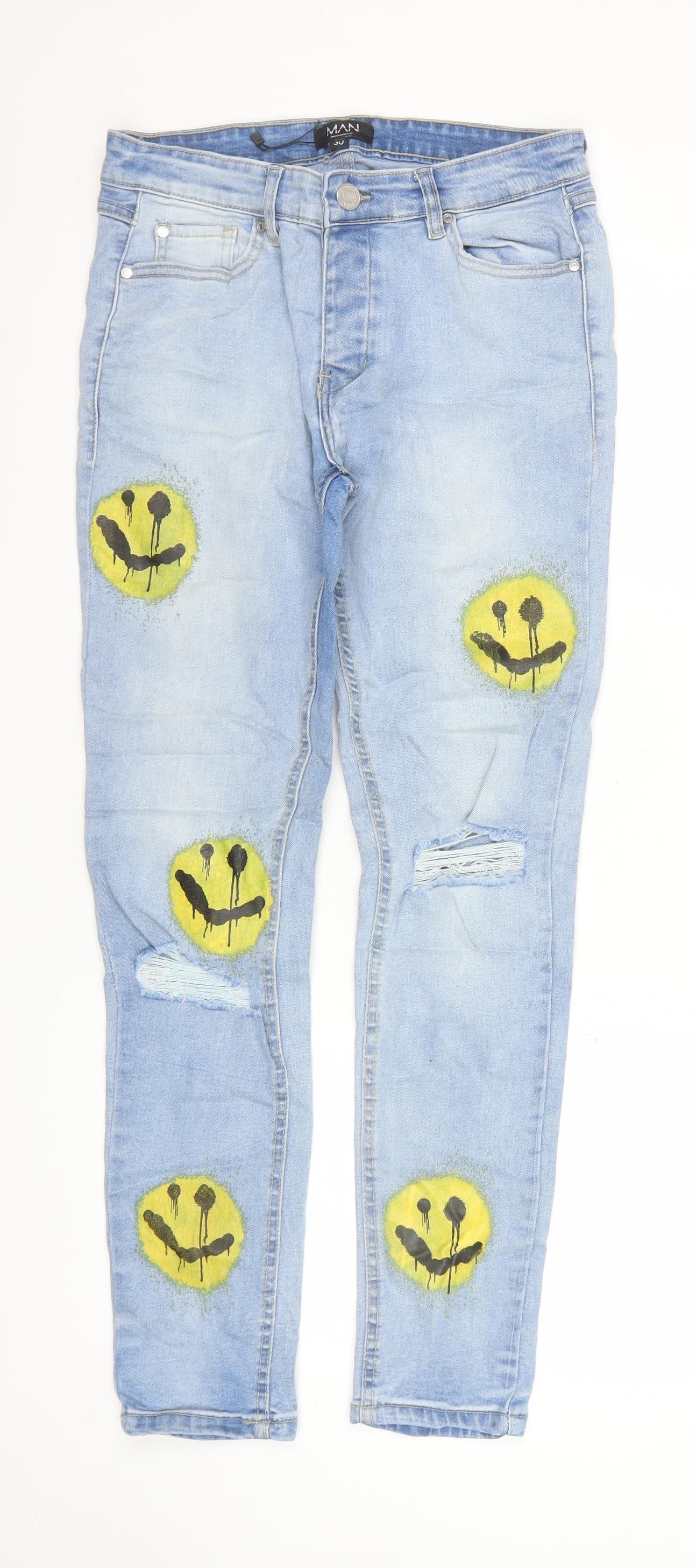 boohooMAN Men’s Blue Distressed Skinny Jeans 30W 32L Light Wash Art Print