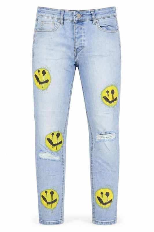 Front view of boohooMAN Men’s Blue Distressed Skinny Jeans 30W 32L Light Wash Art Print