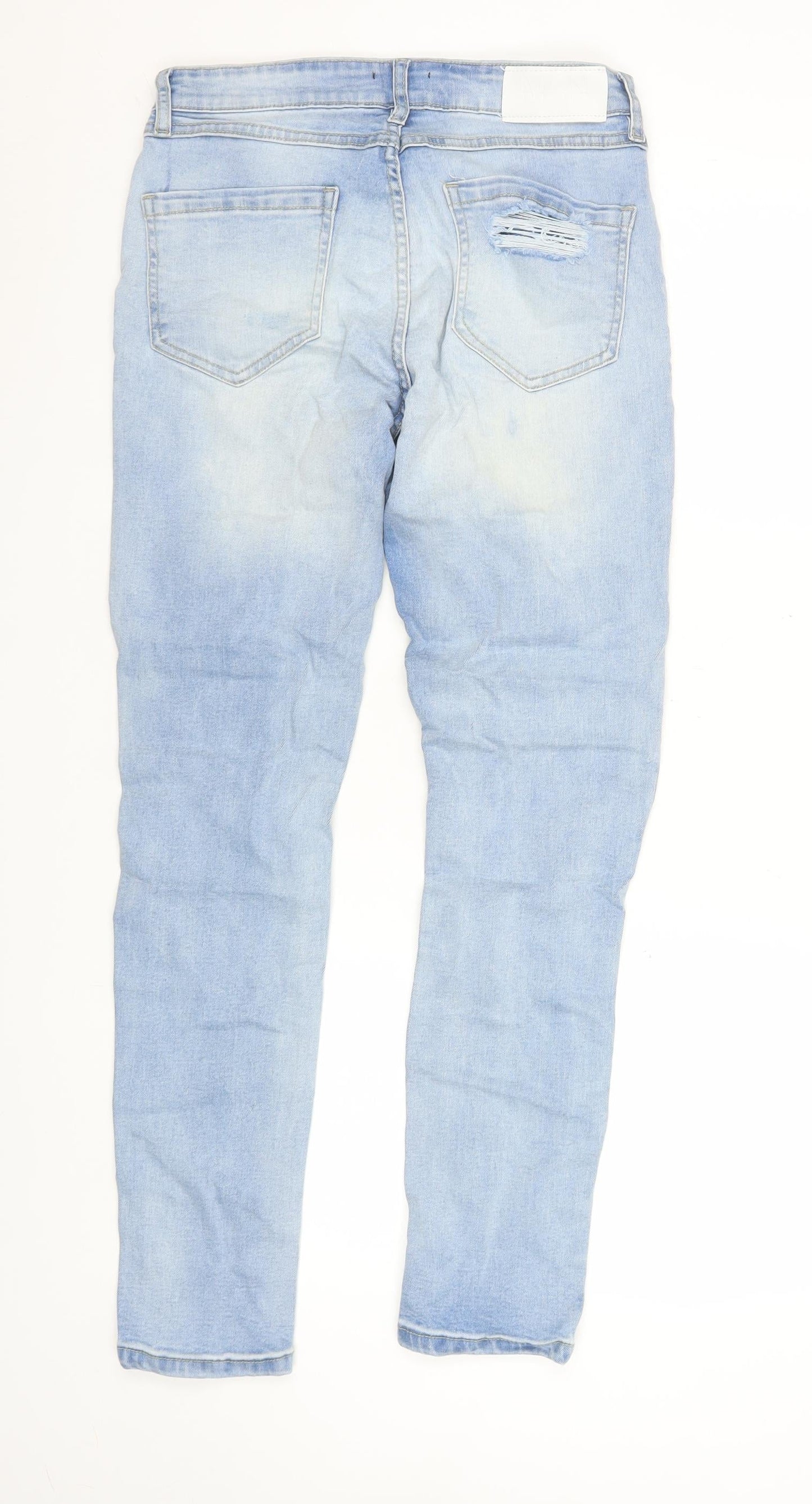 boohooMAN Men’s Blue Distressed Skinny Jeans 30W 32L Light Wash Art Print