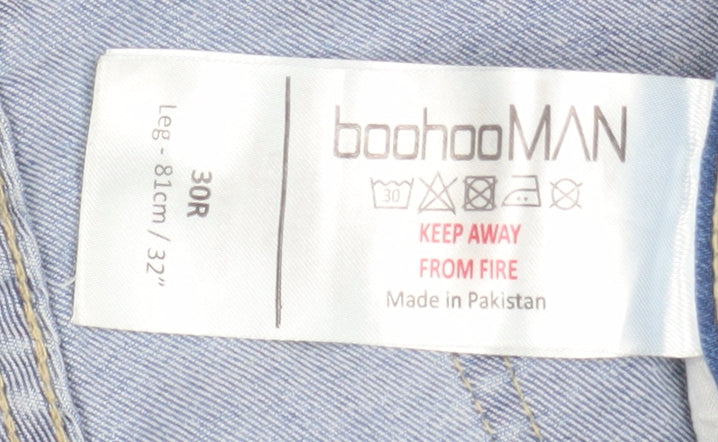 boohooMAN Men’s Blue Distressed Skinny Jeans 30W 32L Light Wash Art Print