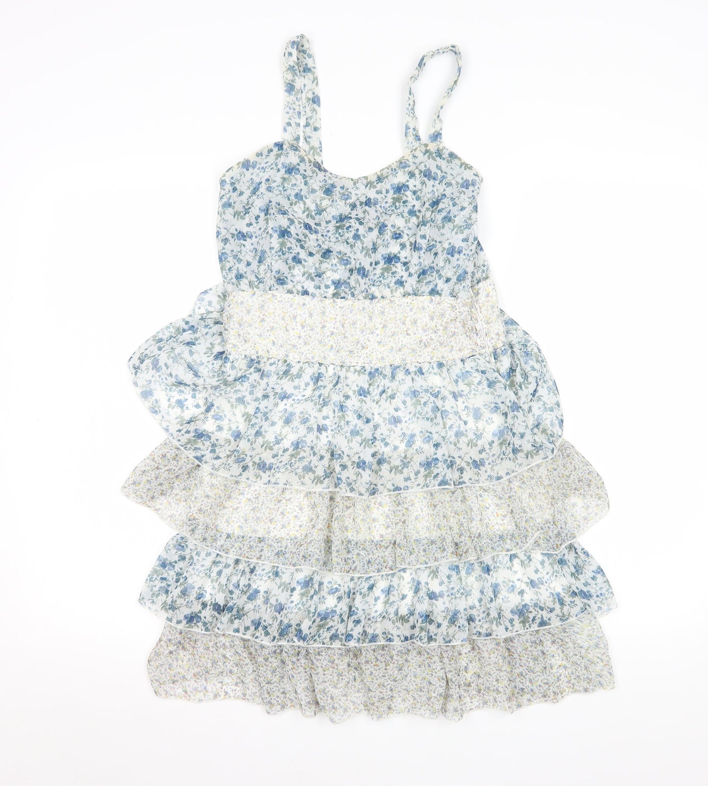 Pepper Tree Women’s Blue Floral Fit & Flare Ruffle Dress M