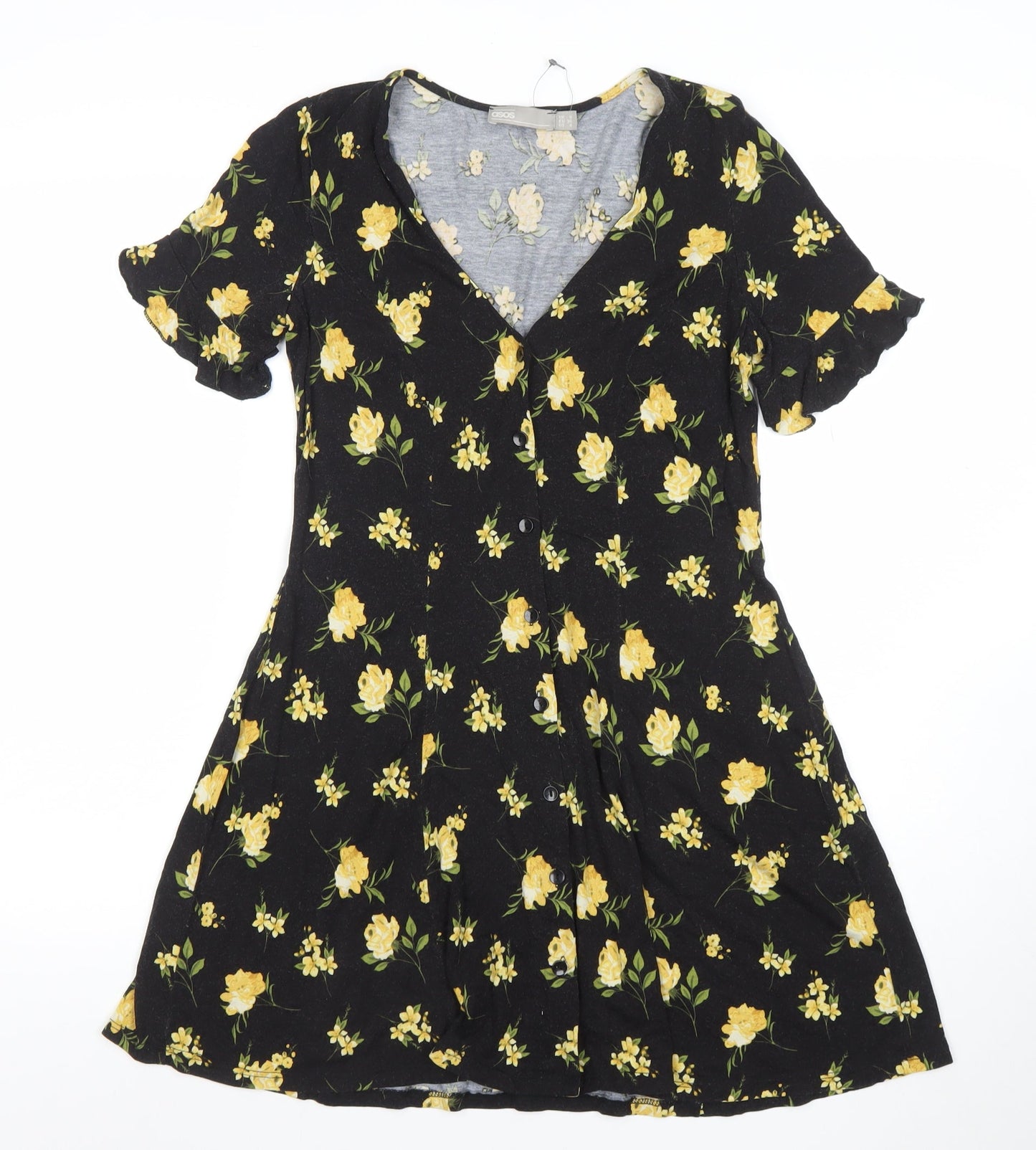 ASOS Women’s Black Floral Short Skater Dress Size 8 V-Neck Jersey
