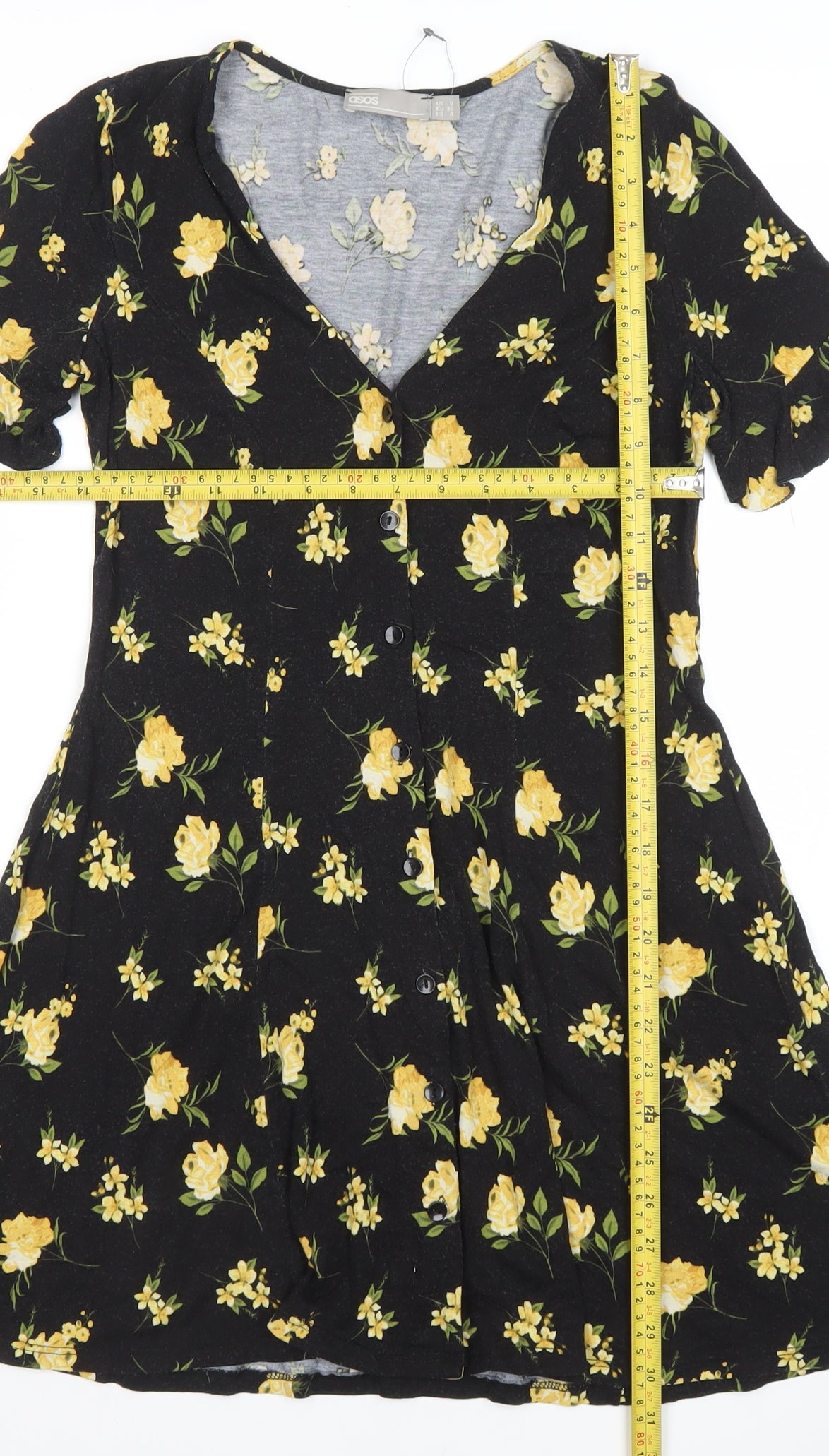 ASOS Women’s Black Floral Short Skater Dress Size 8 V-Neck Jersey