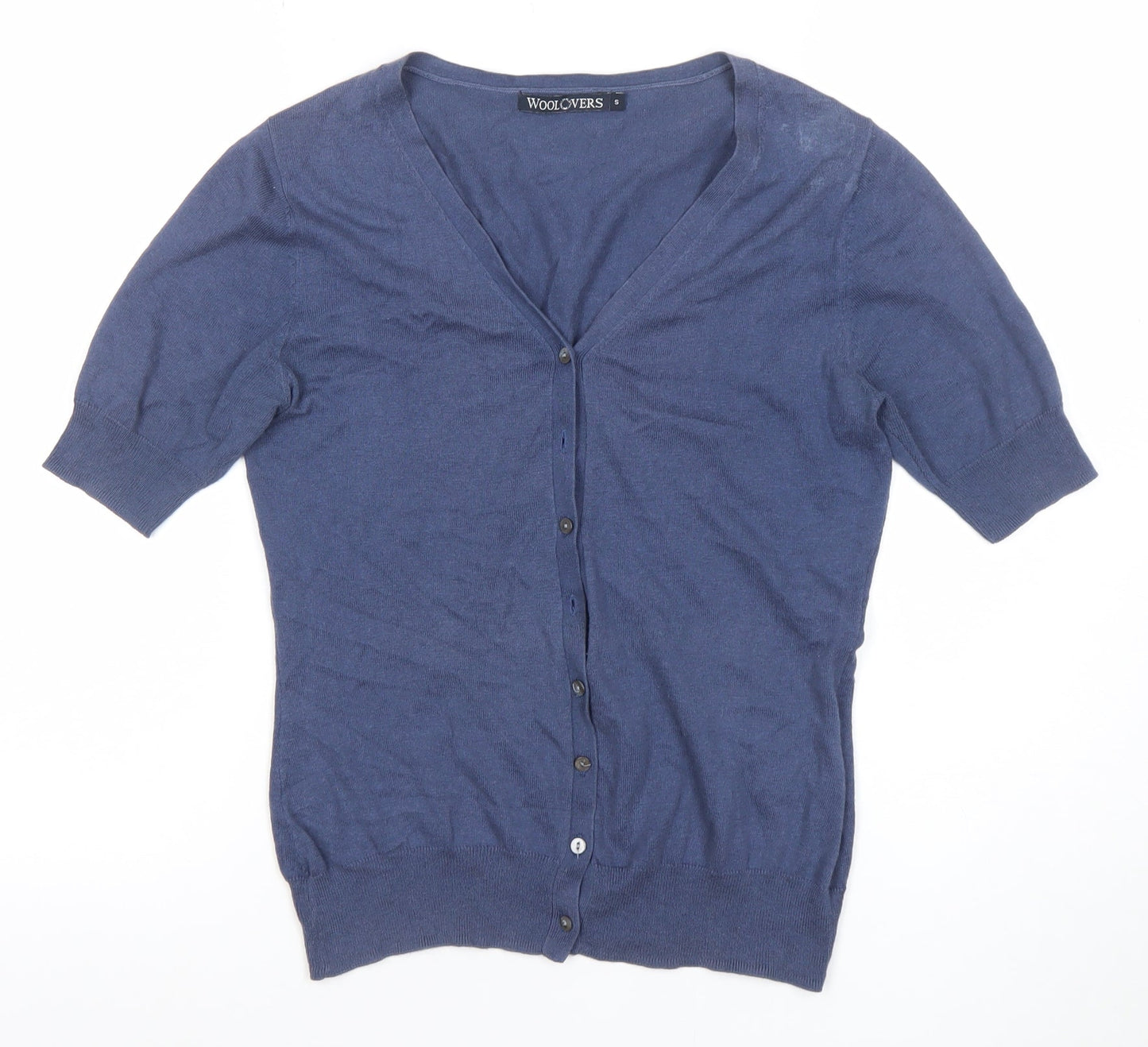 WoolOvers Women Blue Cotton Silk V-Neck Short Sleeve Cardigan S