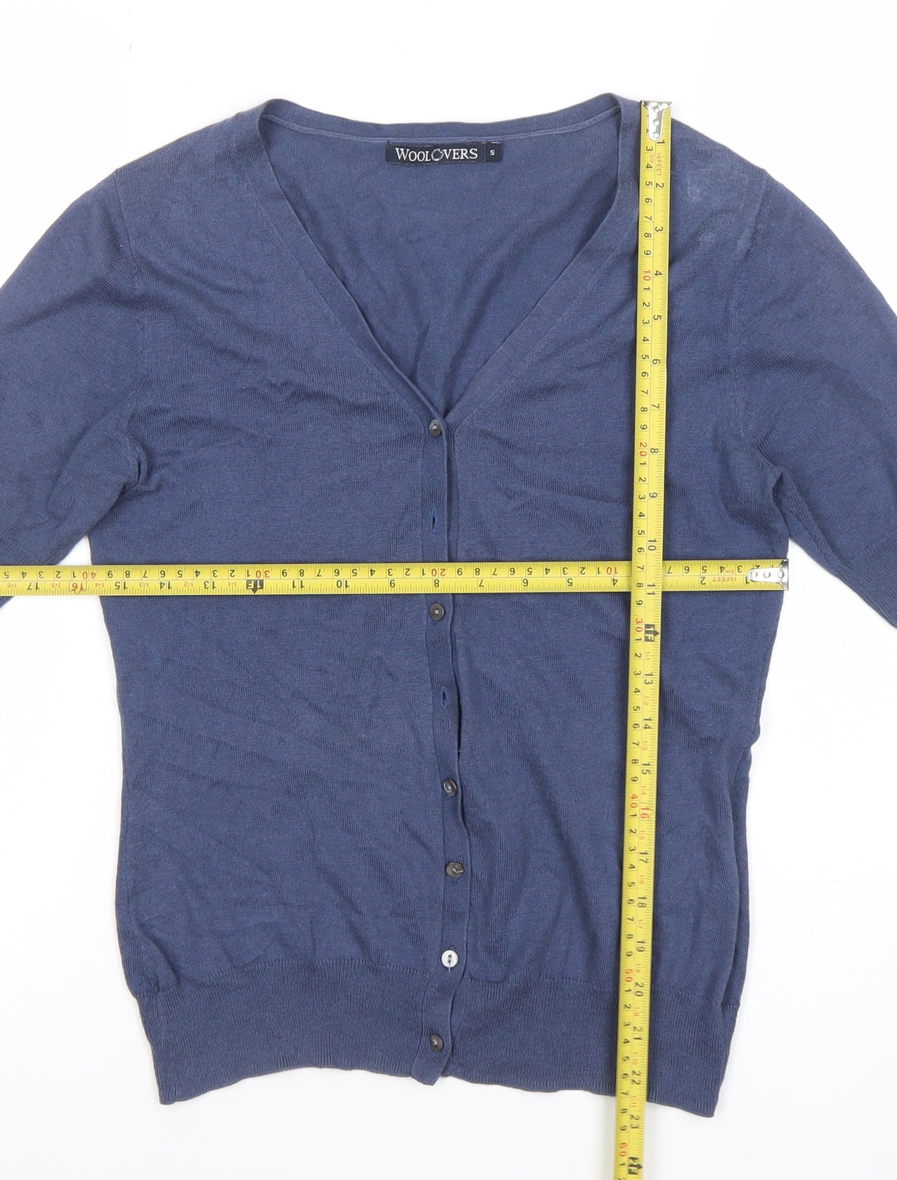 WoolOvers Women Blue Cotton Silk V-Neck Short Sleeve Cardigan S