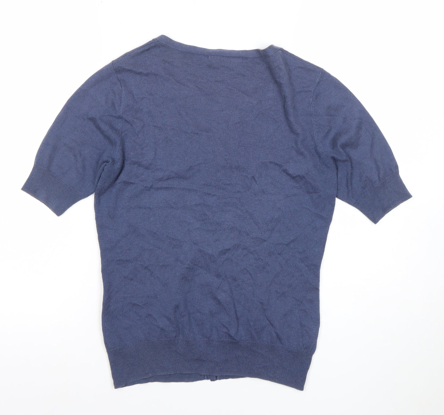 WoolOvers Women Blue Cotton Silk V-Neck Short Sleeve Cardigan S