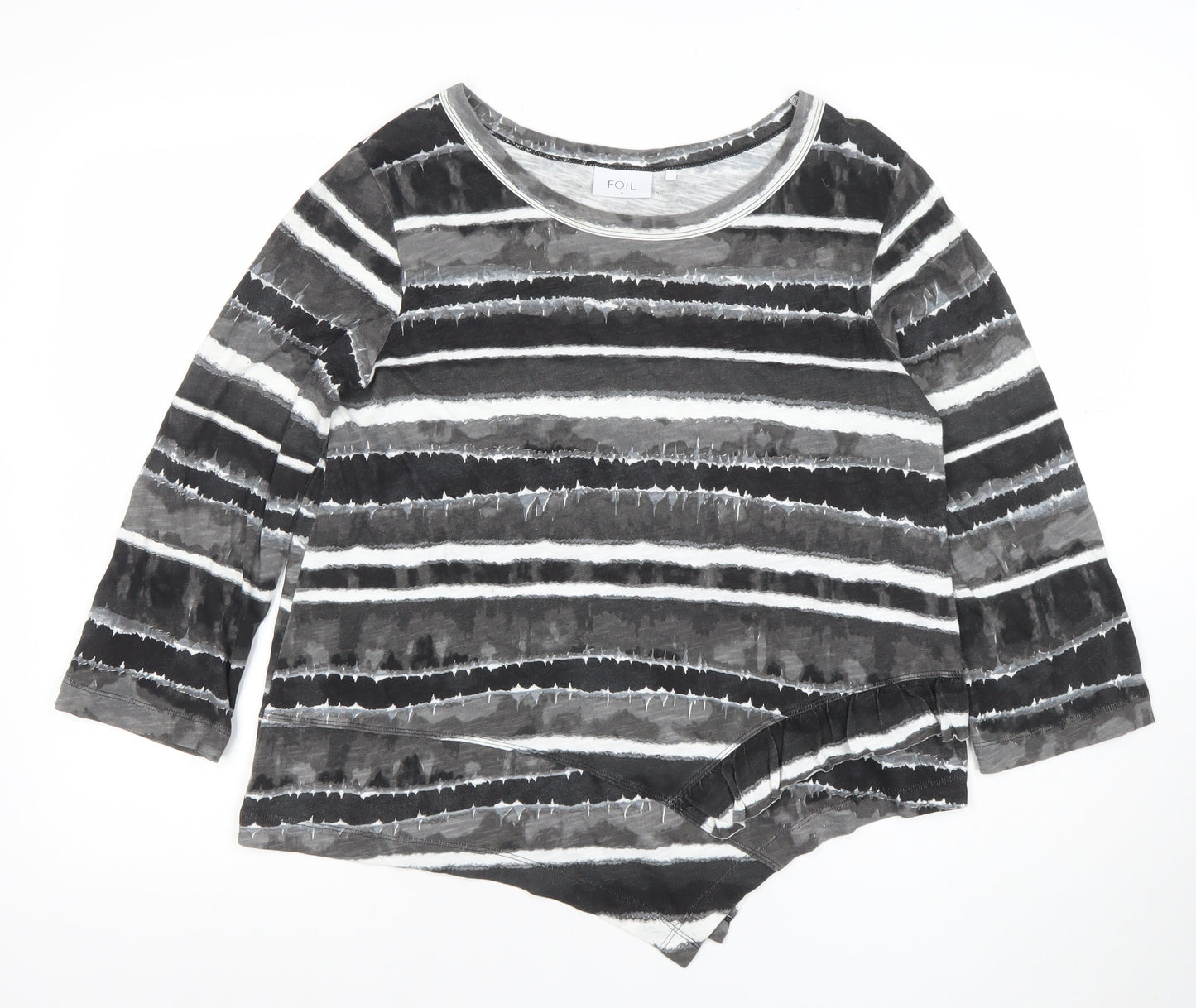 FOIL Women’s Grey Striped Asymmetric Hem 3/4 Sleeve Jersey Top Size S