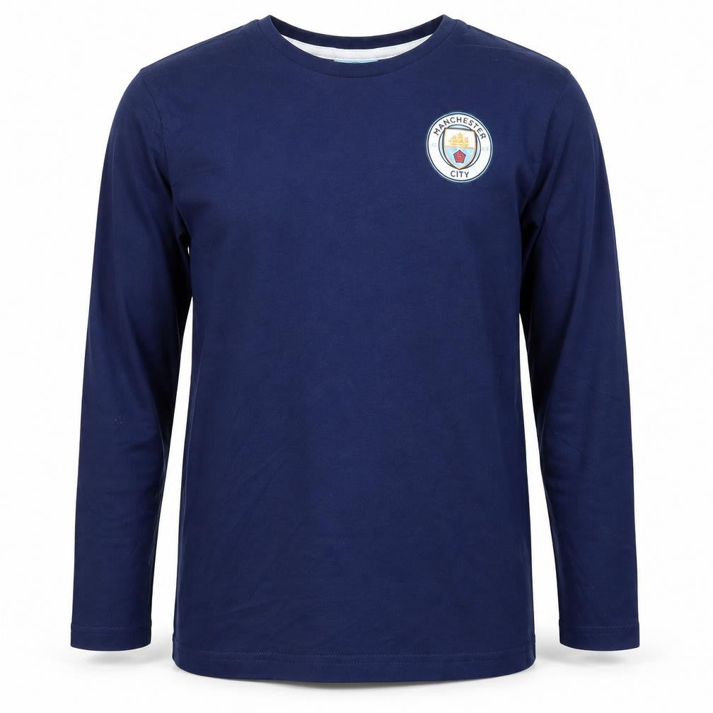Front view of Manchester City boys’ blue long sleeve cotton football t-shirt 12-13 years