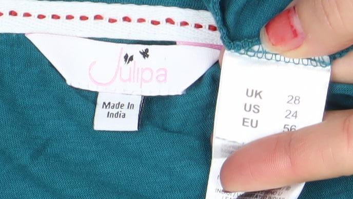 Julipa Women’s Green Embroidered Cotton Tunic Blouse Size 28