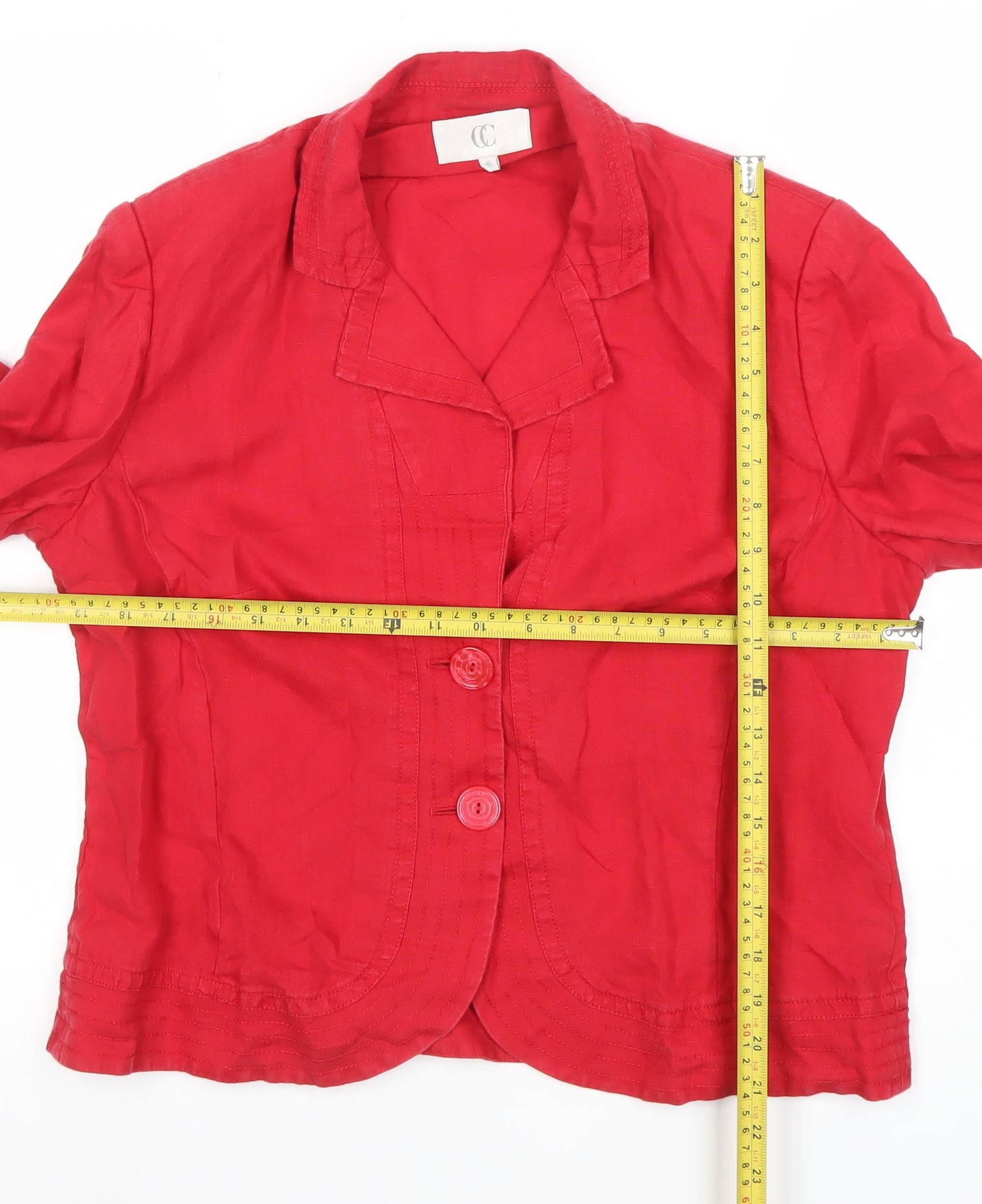 CC Women Red Linen 3/4 Sleeve Blazer Size 16 Classic Jacket