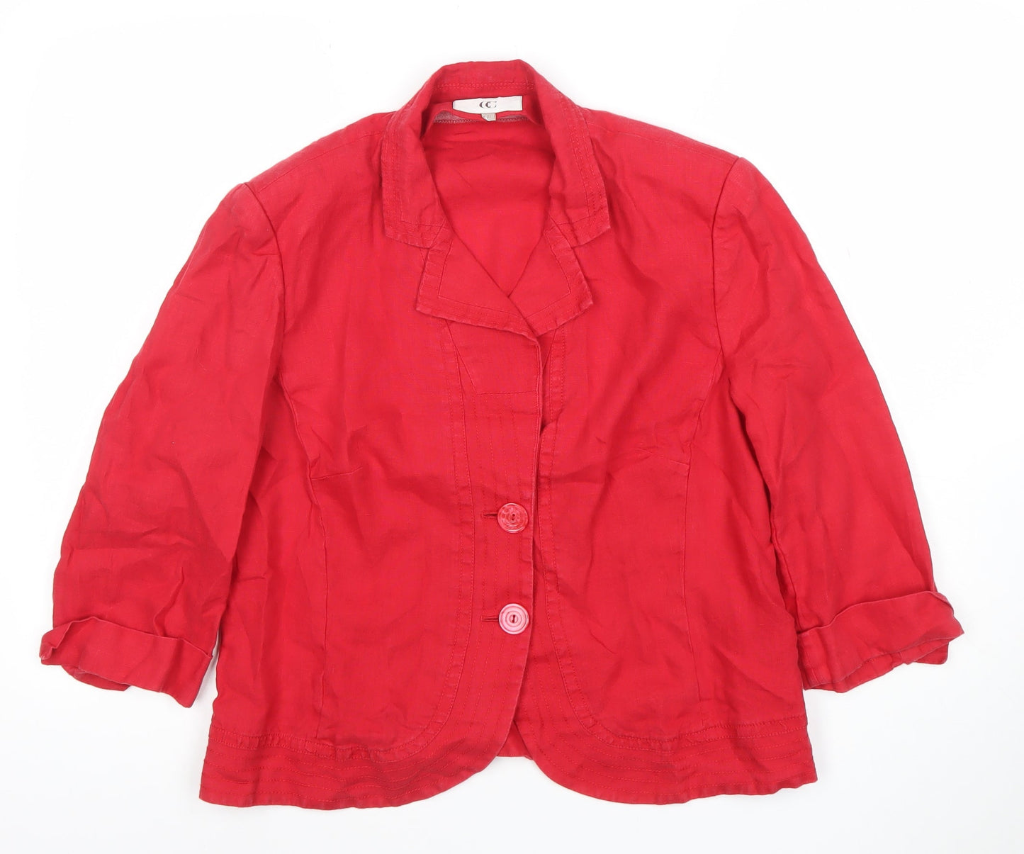 CC Women Red Linen 3/4 Sleeve Blazer Size 16 Classic Jacket
