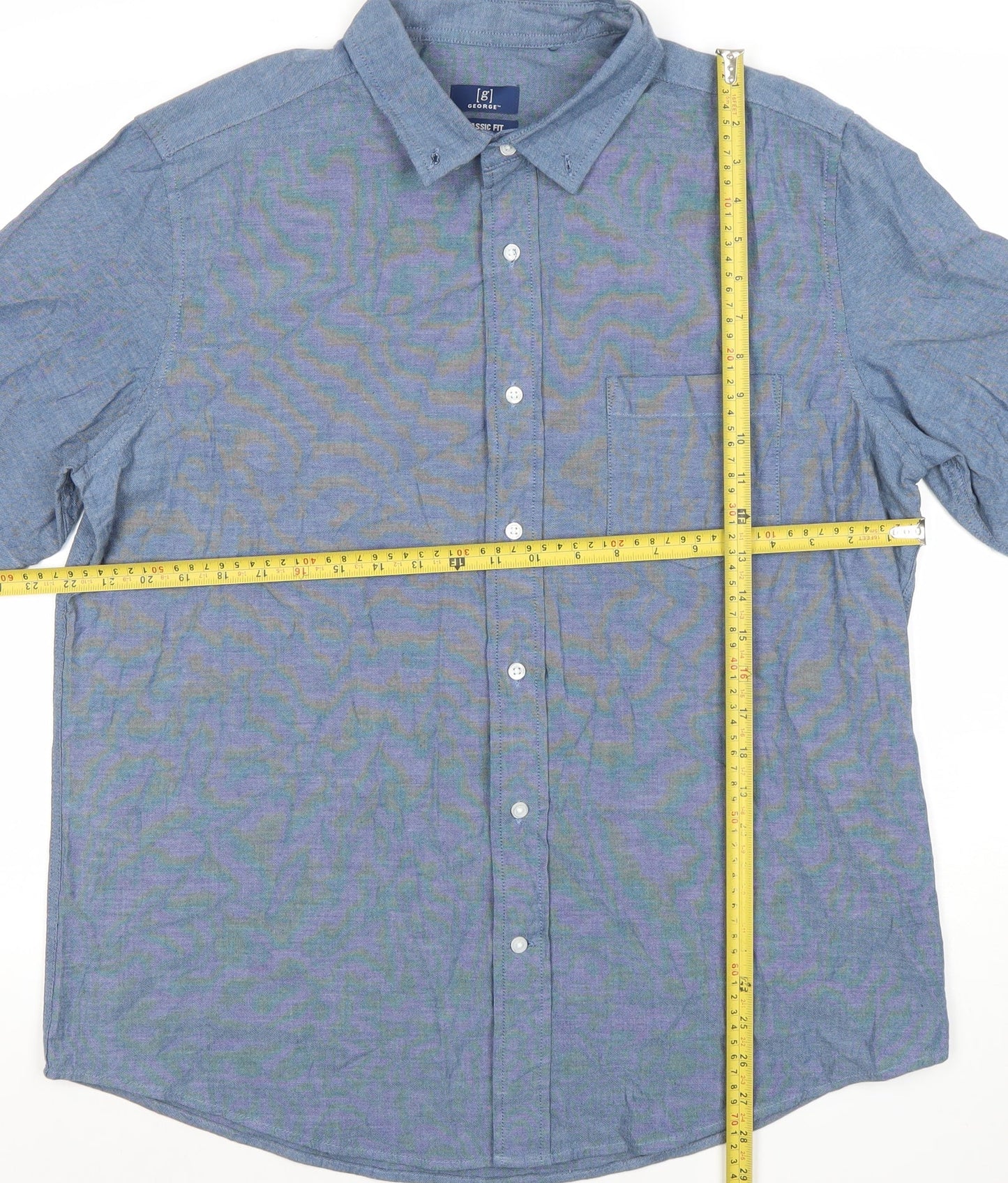 George Men's Blue Classic Fit Short Sleeve Button-Up Shirt L