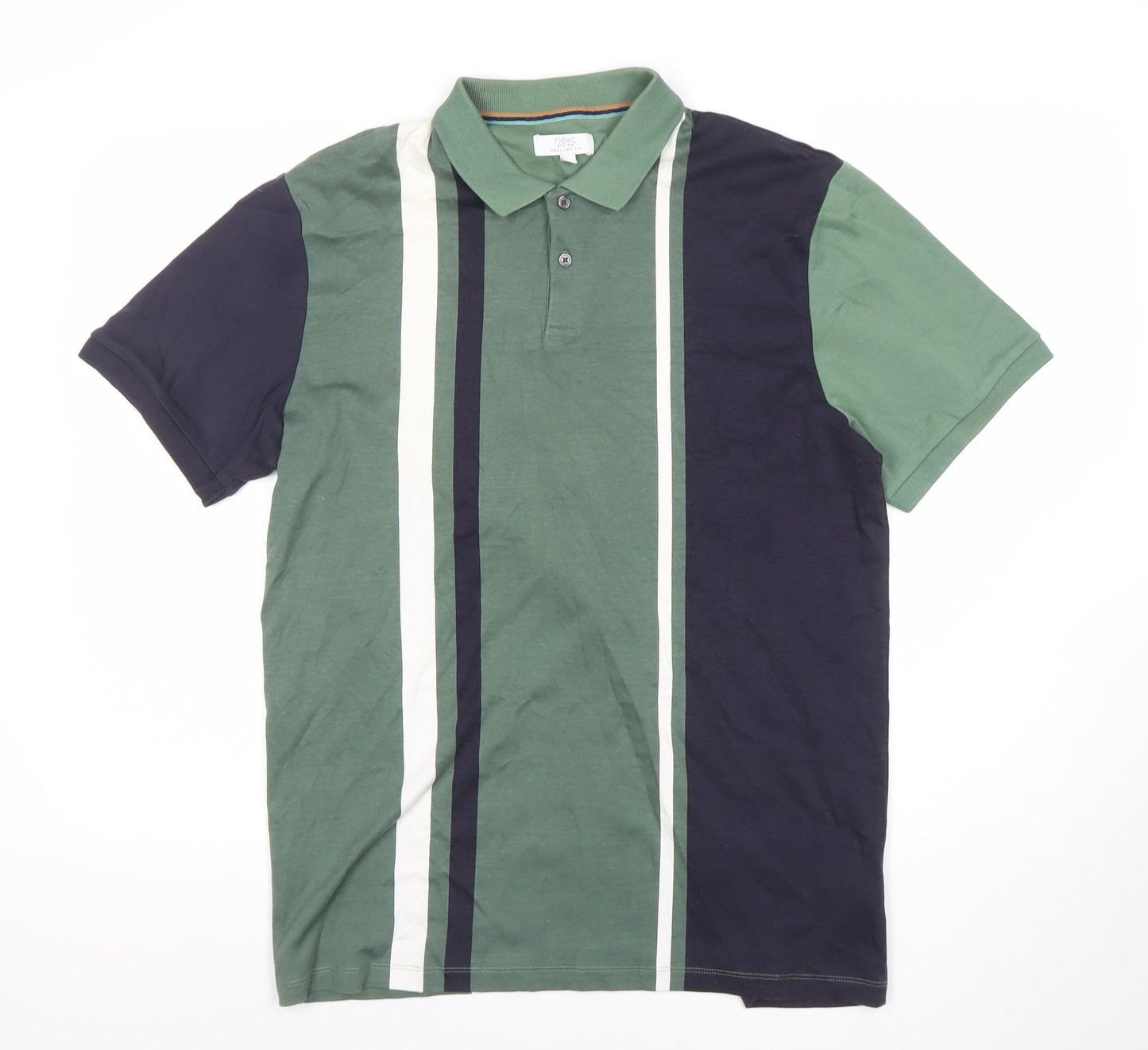Next Men's Green Striped Short Sleeve Cotton Polo Shirt Size L