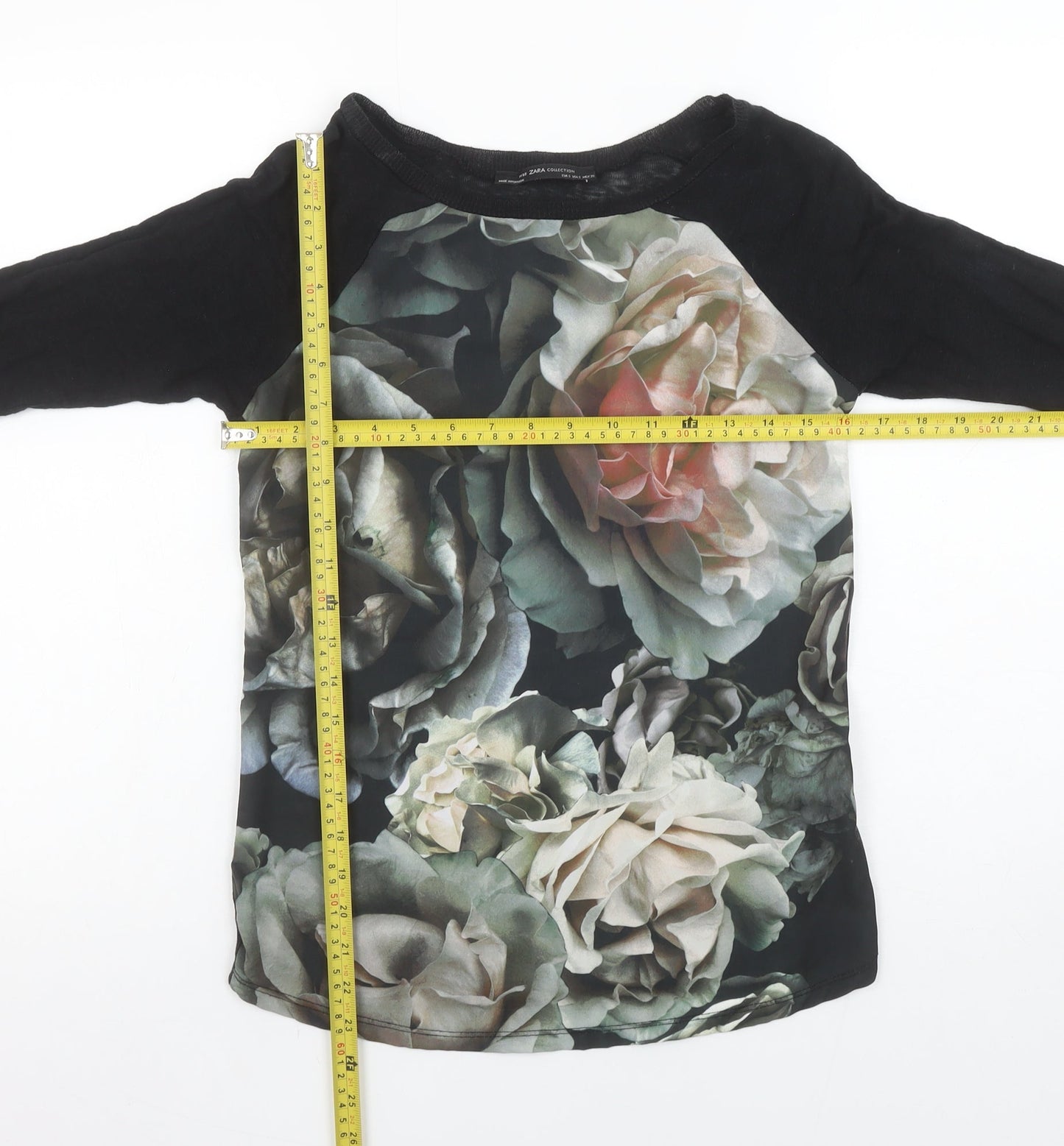 Zara Women Black Floral Raglan 3/4 Sleeve Cotton T-Shirt Size 8