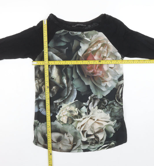 Zara Women Black Floral Raglan 3/4 Sleeve Cotton T-Shirt Size 8