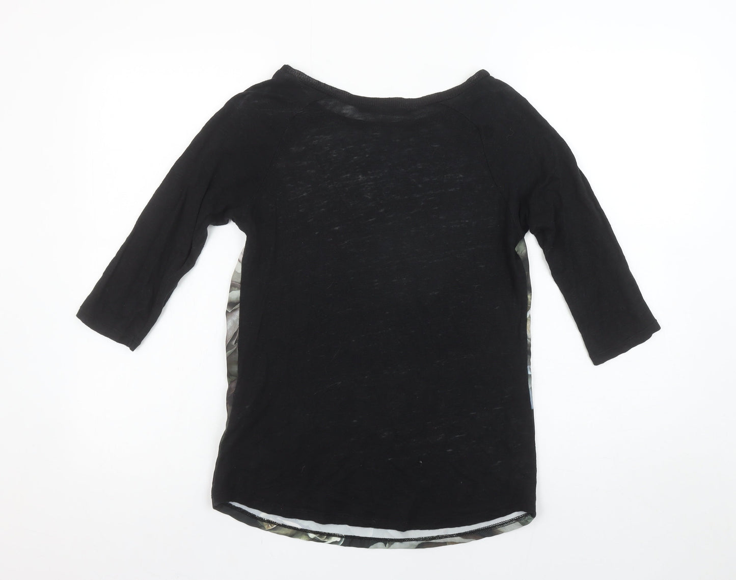 Zara Women Black Floral Raglan 3/4 Sleeve Cotton T-Shirt Size 8