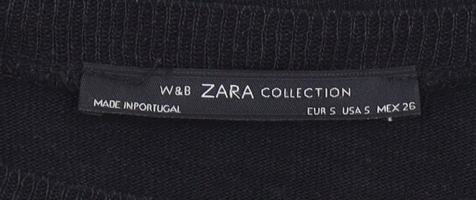 Zara Women Black Floral Raglan 3/4 Sleeve Cotton T-Shirt Size 8