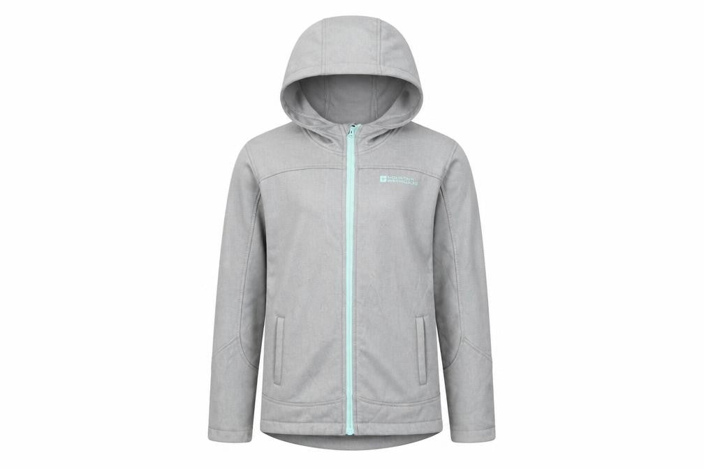 Front view of Mountain Warehouse boys’ grey hooded softshell jacket 9-10 years windproof