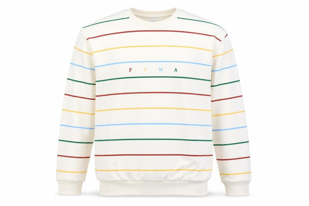 Front view of Puma Men's Beige Striped Crew Neck Sweatshirt, size L