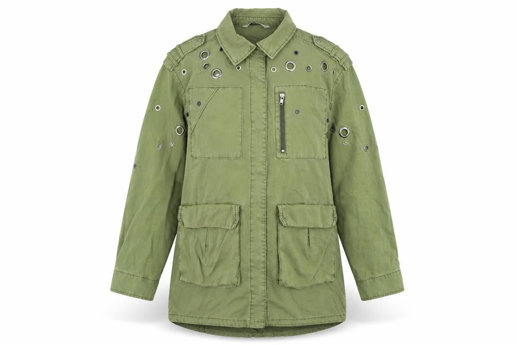 Zara Women Green XS Military Style Studded Cotton Jacket