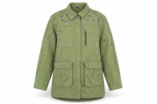Zara Women Green XS Military Style Studded Cotton Jacket