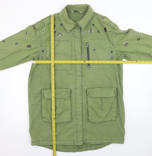 Zara Women Green XS Military Style Studded Cotton Jacket