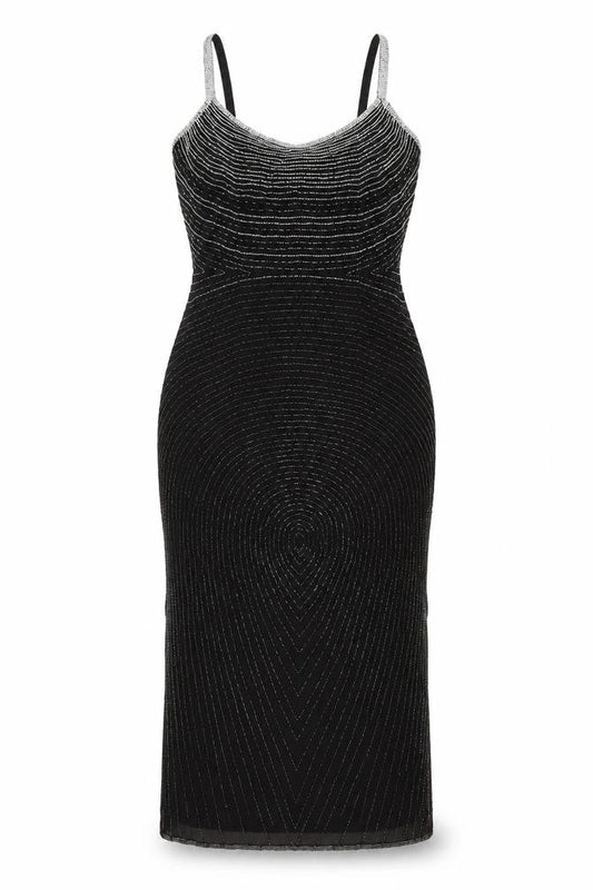 Roots Womens Black Beaded Bodycon Midi Dress Size 10 Elegant Cocktail