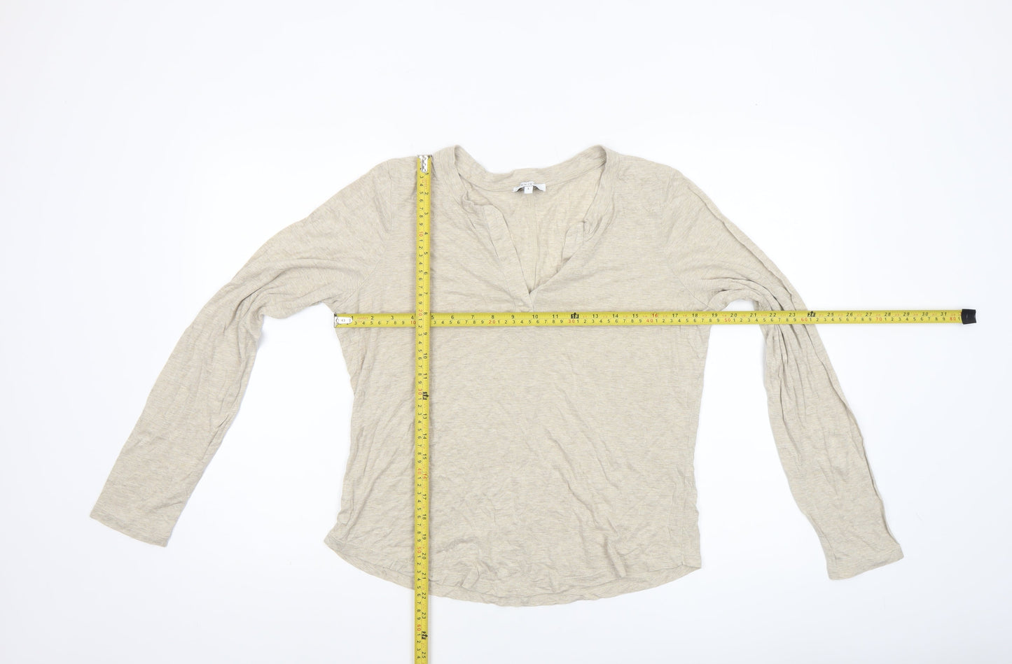 Reiss Women’s Beige Long Sleeve V-Neck Cotton Jersey T-Shirt Size L