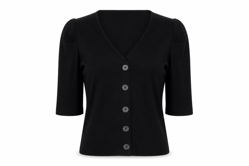 ONLY Womens Black XS V-Neck Button-Up Puff Sleeve Top